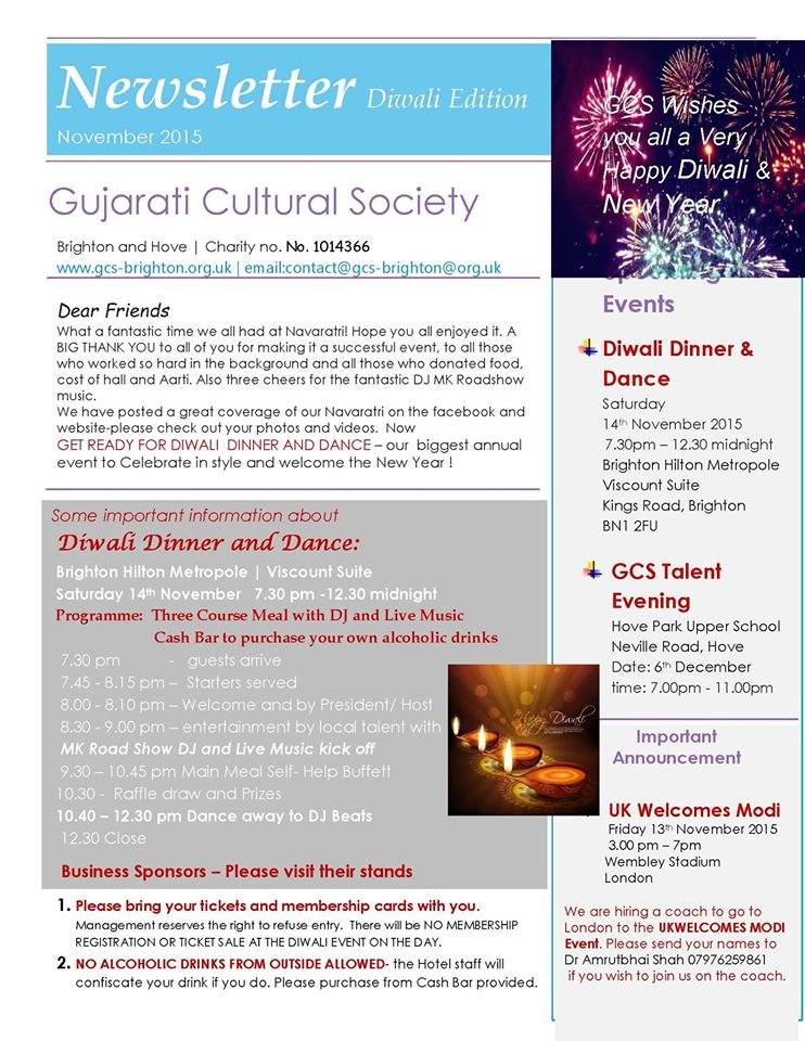 November 2015 : Gujarati Cultural Society of Brighton Newsletter